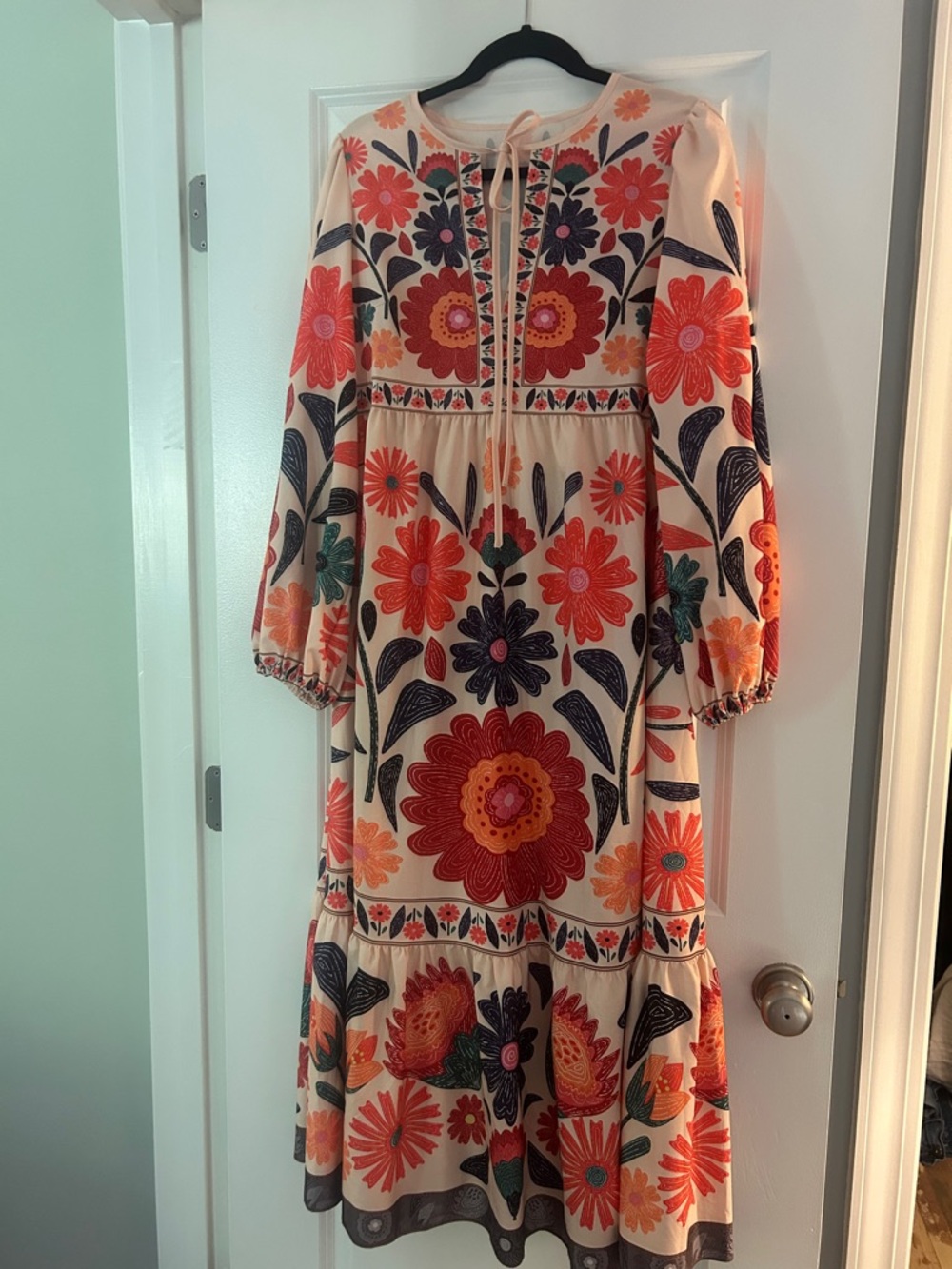 *MATERNITY* Floral Tie-Neck Midi Dress in Cream and Orange